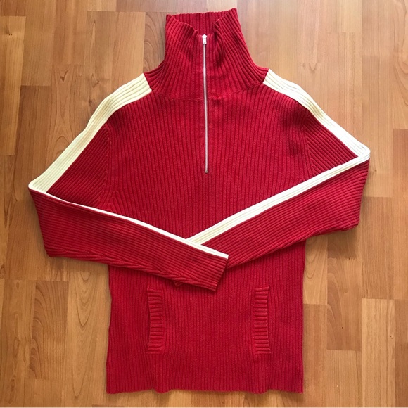 GAP | Y2K Long Sleeved Sporty Red Mock Turtle Neck Sweater w/ White Stripes - Picture 9 of 16